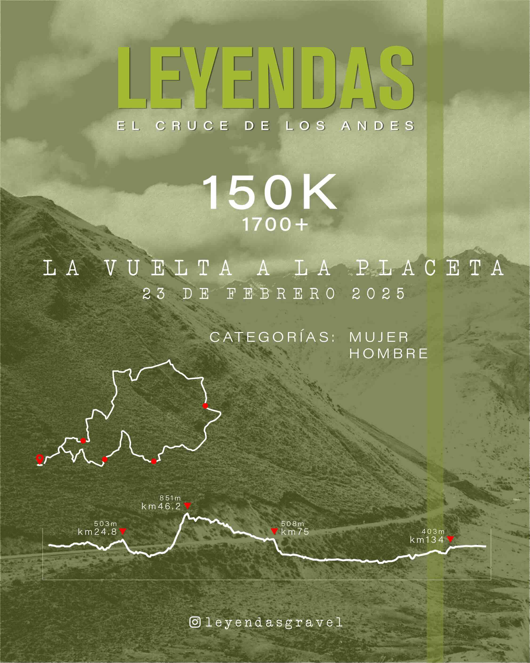 Afiche de la ruta de distancia 150 km en Leyendas Gravel